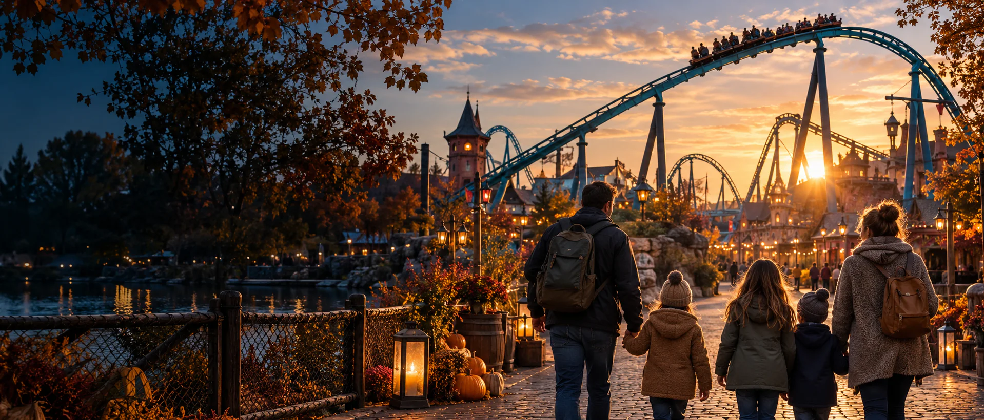 Eine Familie geht bei herbstlichem Abendlicht auf Achterbahnen in einem Freizeitpark zu
