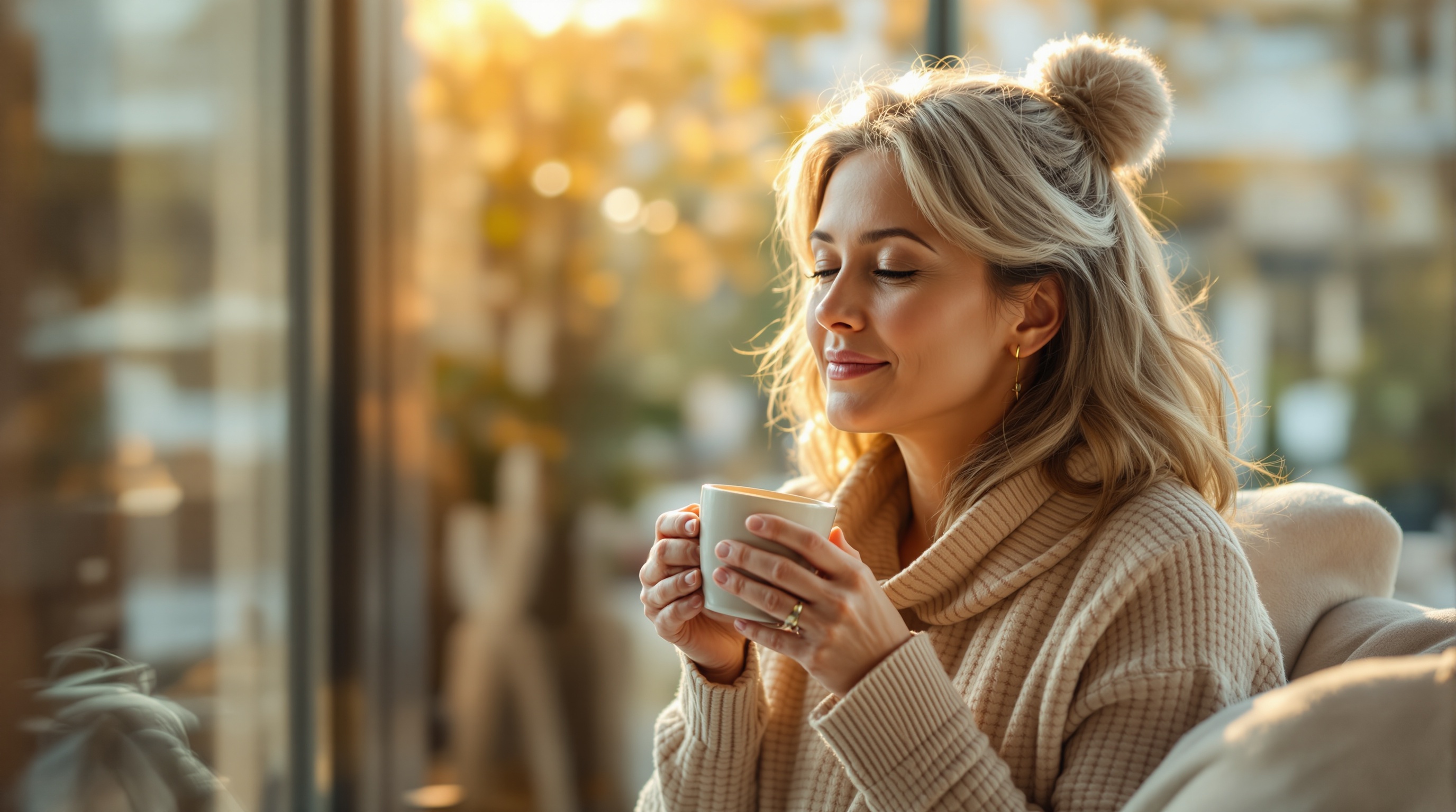 Frau hält eine Tasse in den Händen und geniesst einen ruhigen Moment