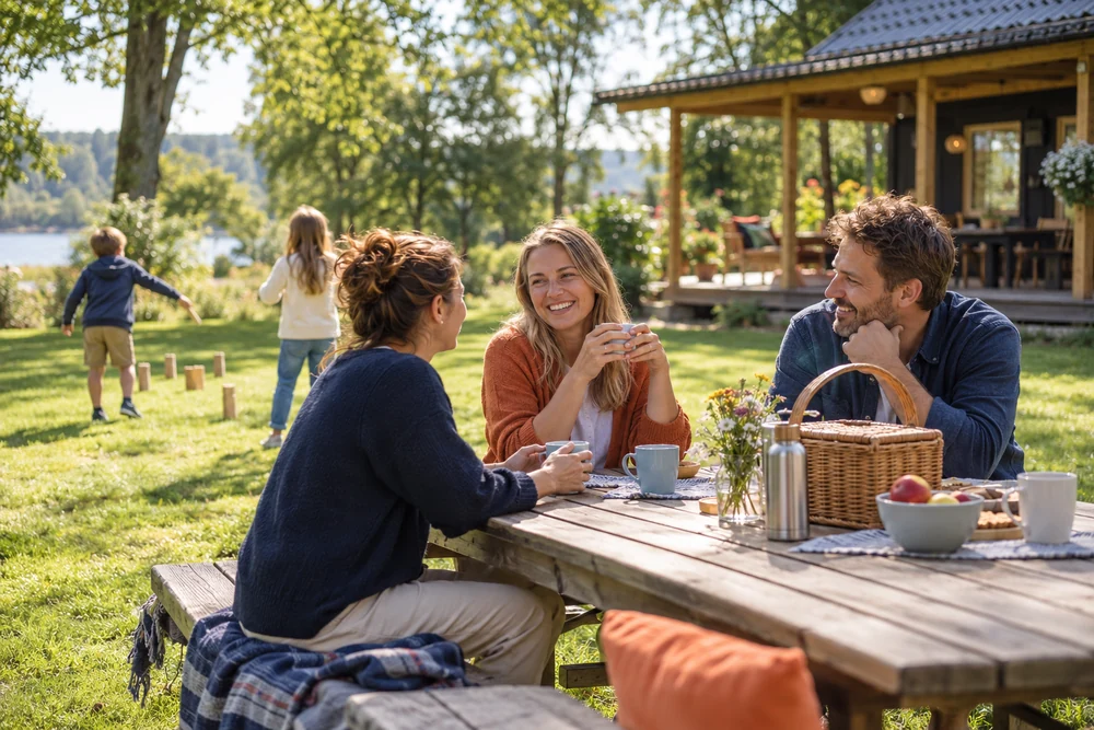Erwachsene tauschen sich bei einem Familientreffen im Grünen aus, während Kinder auf der Wiese spielen
