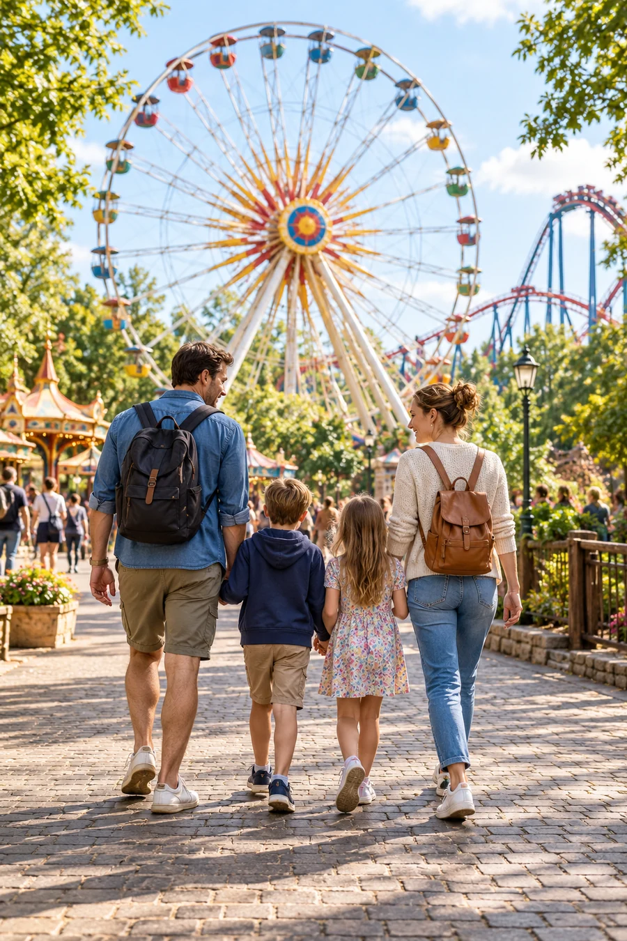 Eine Familie auf dem Weg zum Riesenrad bei einem Freizeitparkausflug
