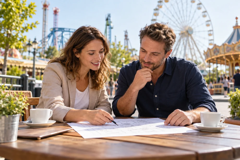 Eine Koordinatorin und ein Freizeitpartner besprechen gemeinsam die Planung eines Ausflugs im Freizeitpark