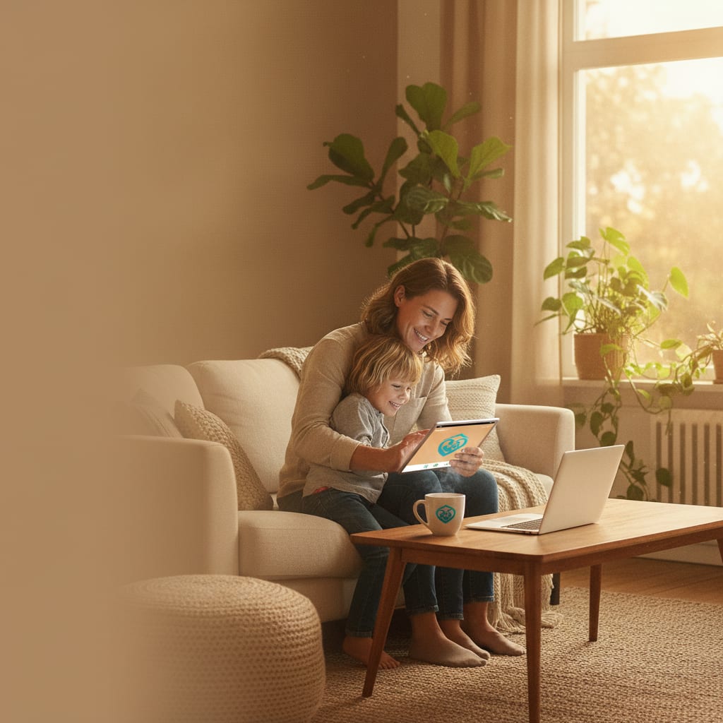 Eine Mutter sitzt mit ihrem Kind auf dem Sofa und schaut gemeinsam auf ein Tablet, auf dem Couchtisch steht ein aufgeklapptes Laptop