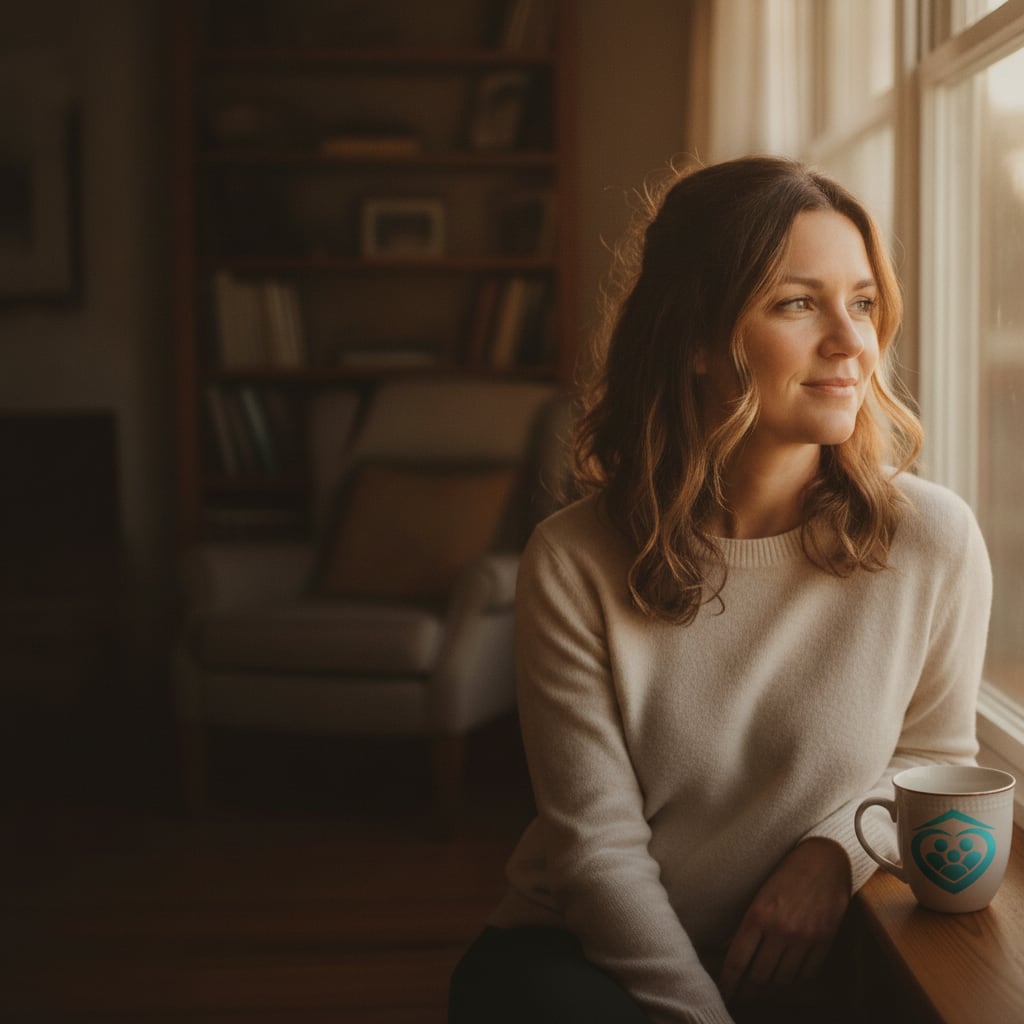 Frau sitzt nachdenklich am Fenster, eine Tasse in der Hand