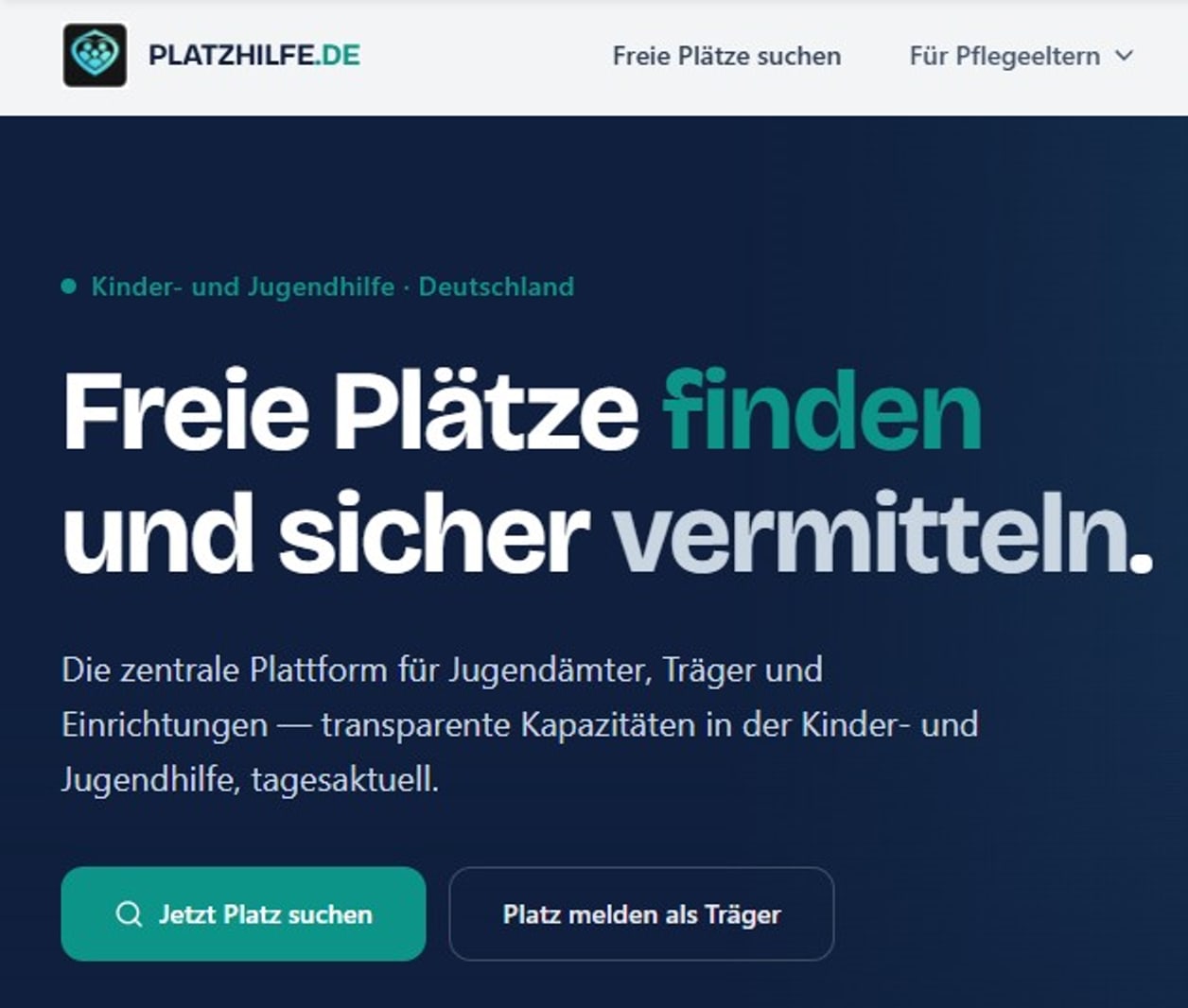 Startseite der Plattform Platzhilfe mit der Suche nach freien Plätzen in der Kinder- und Jugendhilfe