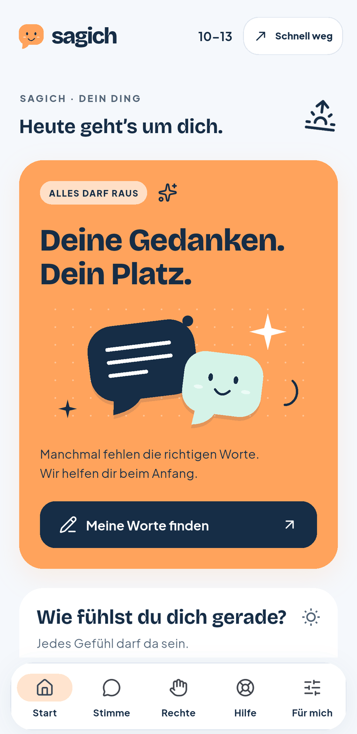 Startbildschirm der SAG-ICH-App für 10- bis 13-Jährige mit der Einladung, eigene Gedanken aufzuschreiben
