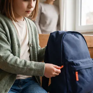 Ein Mädchen öffnet einen dunkelblauen Rucksack