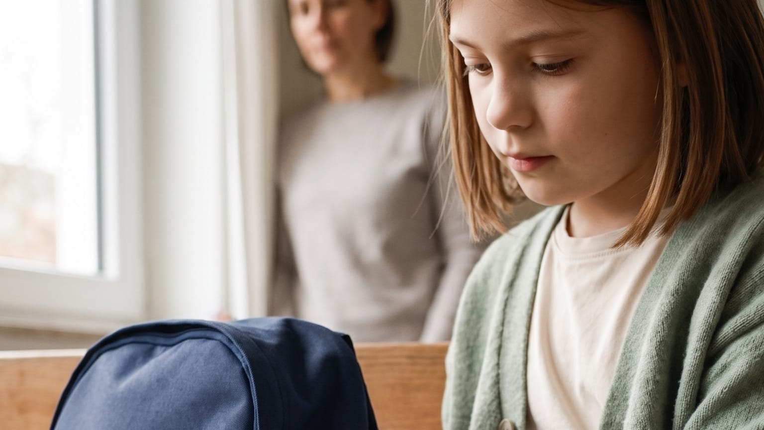 Ein Mädchen blickt auf einen dunkelblauen Rucksack, im Hintergrund steht ihre Pflegemutter am Fenster