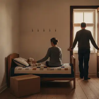 Eine Frau sitzt auf dem Bett eines leeren Kinderzimmers