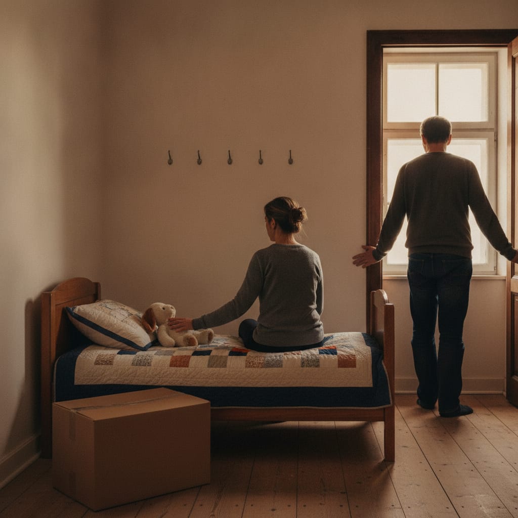 Eine Frau sitzt auf dem Bett eines leeren Kinderzimmers und legt die Hand auf ein Kuscheltier, ein Mann steht am Fenster