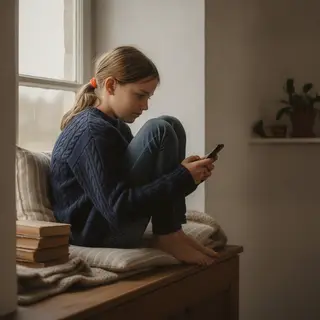 Ein Mädchen sitzt am Fenster und tippt etwas in ihr Handy